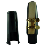 Image of saxophone mouthpiece, ligature and cap.