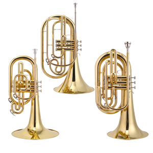 Images of John Packer Marching Brass, JP2051 Mellophone, JP2052 French Horn and JP2053 Baritone Horn.