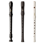 Image of 3 Yamaha recorders, YRS-24BUK, YRN-21 and YRF-21.