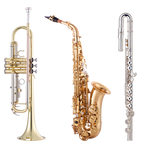 Images of the John Packer JP051 Bb Trumpet, JP041 Alto Saxophone and JP011CH Curved Head Flute.