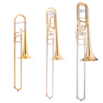 Images of the John Packer JP136 Eb Alto Trombone, JP331 Bb/F Tenor Trombone and the JP333 Rath Bass Trombone.