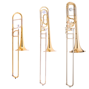Images of the John Packer JP136 Eb Alto Trombone, JP331 Bb/F Tenor Trombone and the JP333 Rath Bass Trombone.