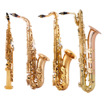 Image of 4 saxophone types, Sop, Alto, Tenor and Bari.